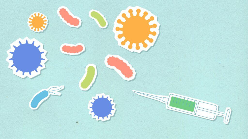 Illustration of viruses and syringe cutouts on blue background, symbolizing healthcare themes.