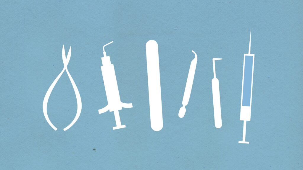 Silhouette illustration of dental tools on a blue textured background.