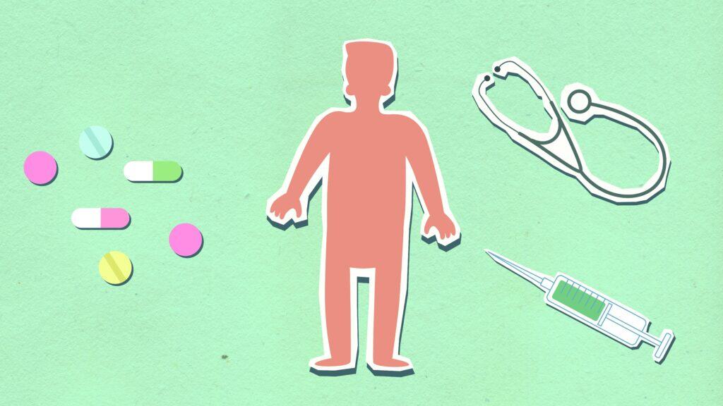 From above of decorative cardboard appliques of person between syringe with stethoscope and medications on green background